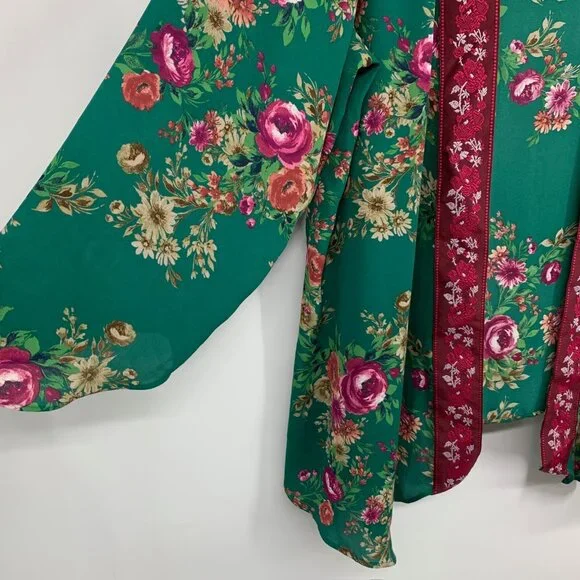 Pioneer Kimono Green Floral Print Embroidered Open Front - Picture 5 of 10